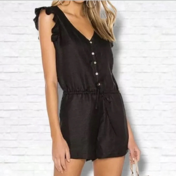 Chaser Pants - Chaser Women Small Linen Ruffle Sleeve Button Down Romper NWOT Black